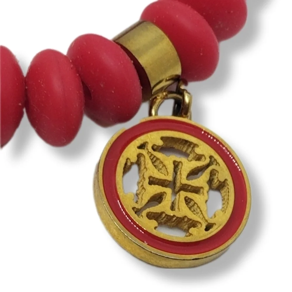 RUSTIC CUFF CHERRY RED SILICONE BEAD & CHARM STRETCH BRACELET